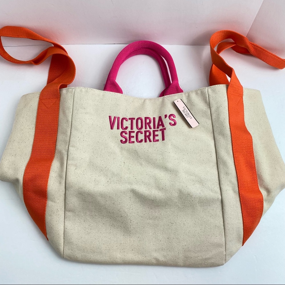 Victoria’s Secret Orange Pink Beige Canvas Beach Tote Bag